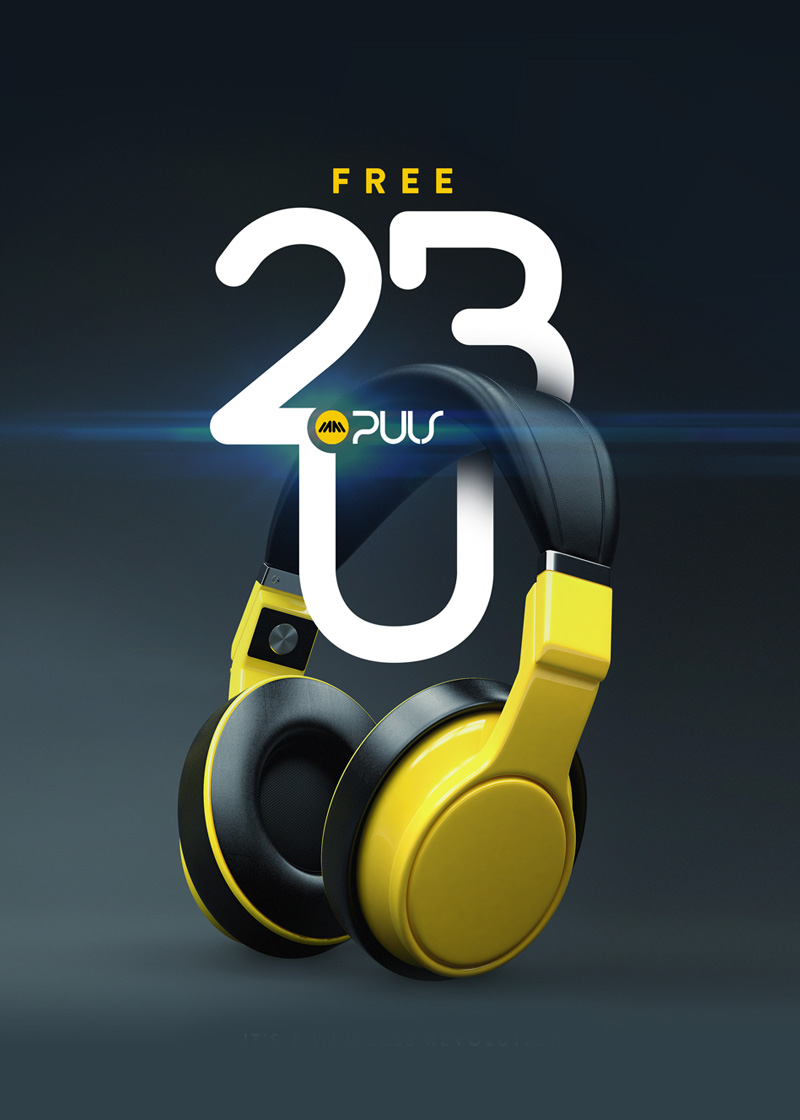 Headphone Ad Campaign design with yellow headphones and interwoven type design