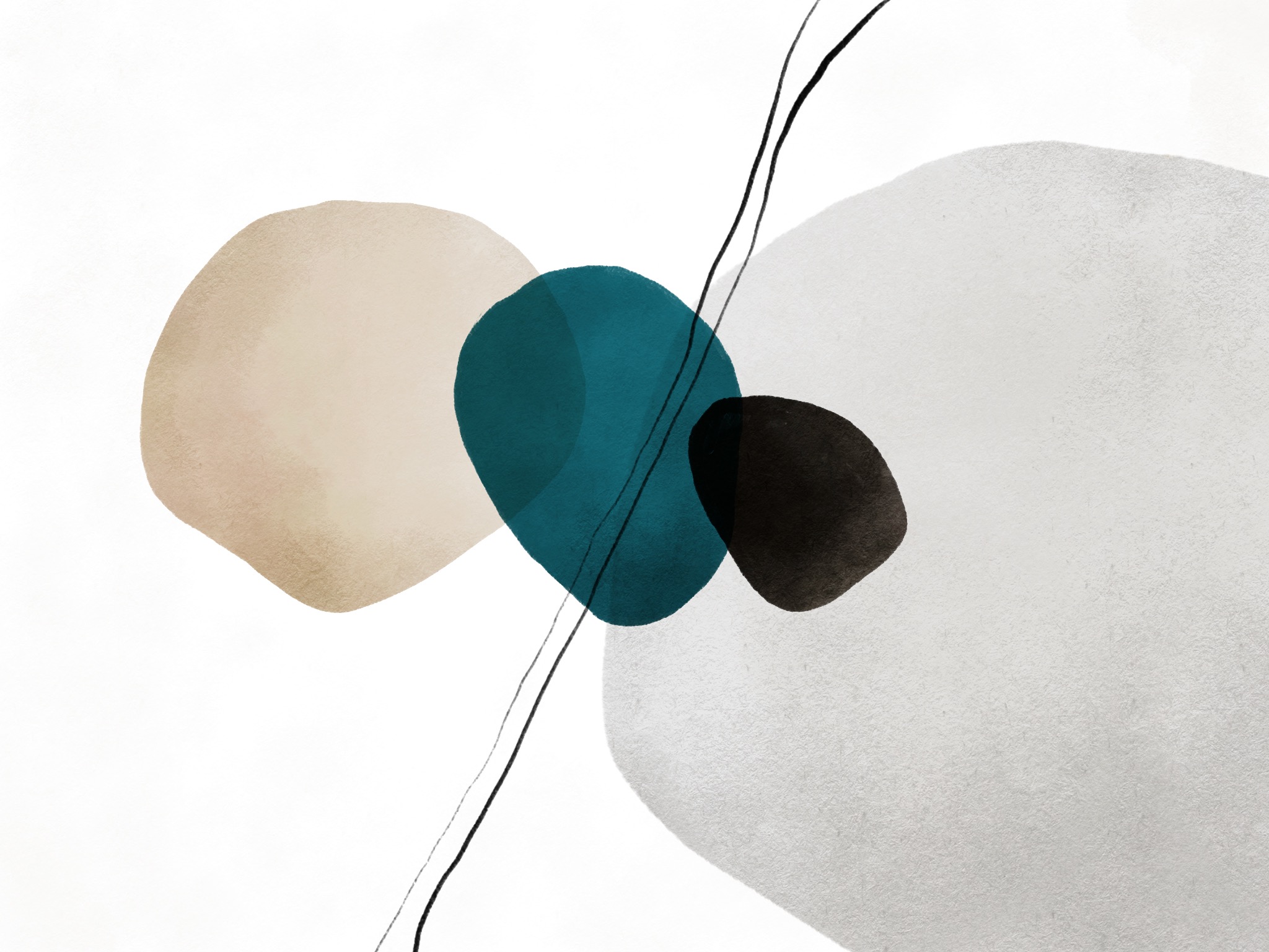 Joseph Kiely abstract art with rounded design shapes using teal and light beige colors