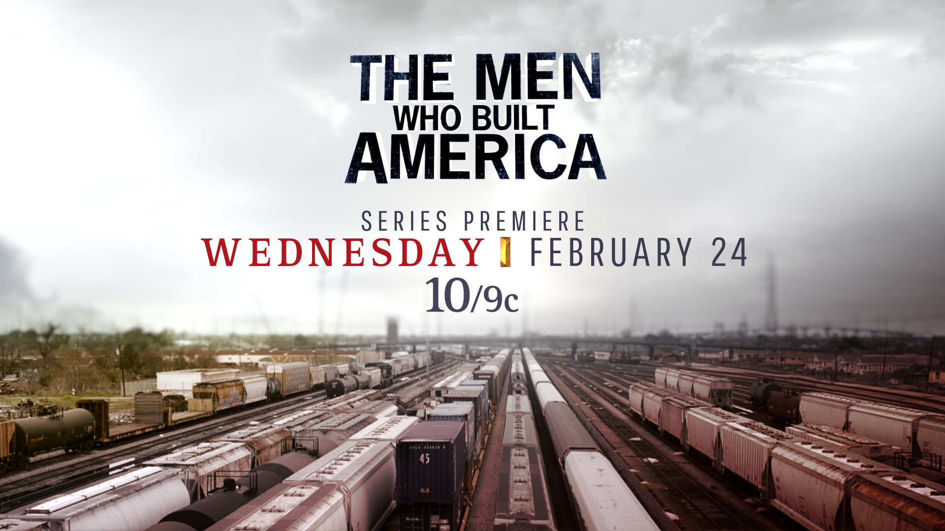 History Channel Branding tune in design with a live action background of a train yard