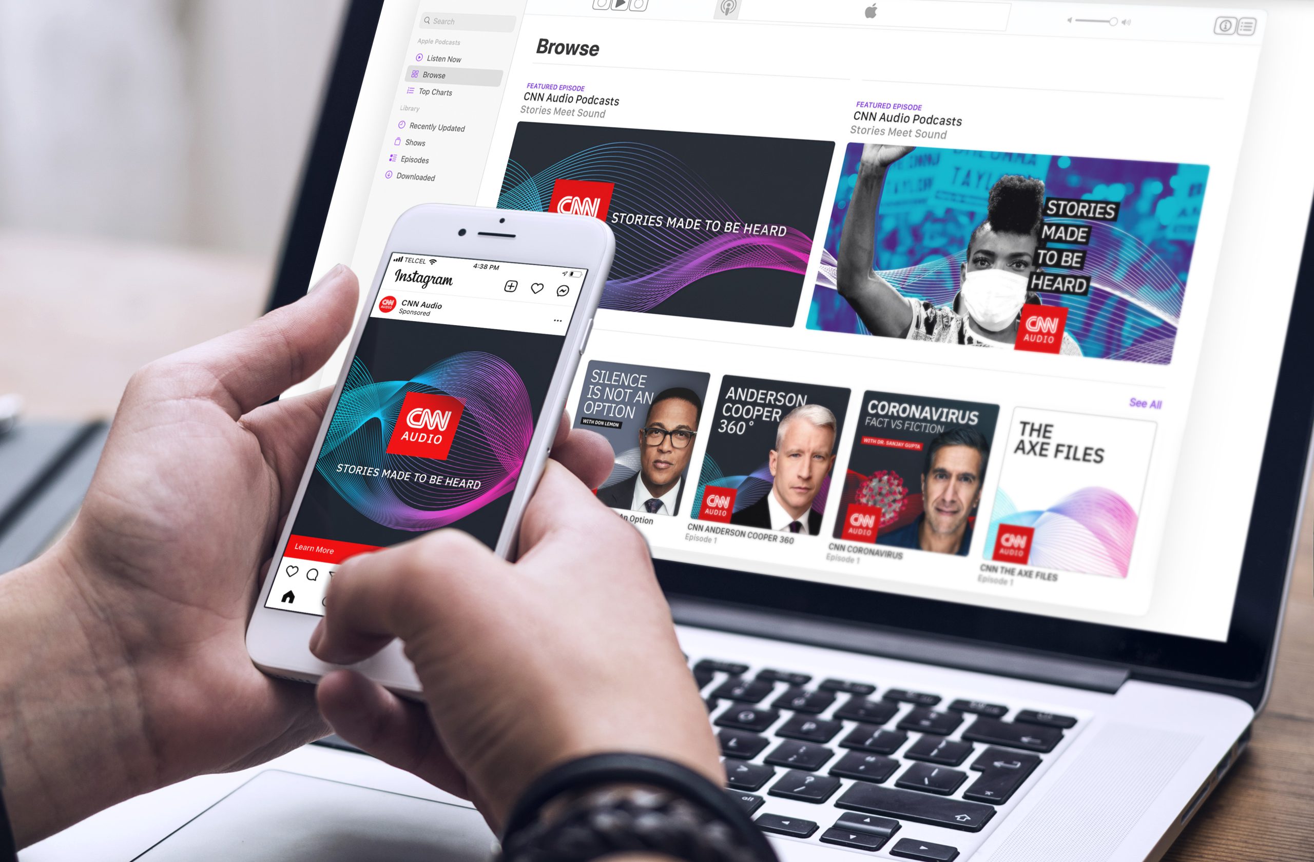 CNN Podcast brand design in a computer and on instagram