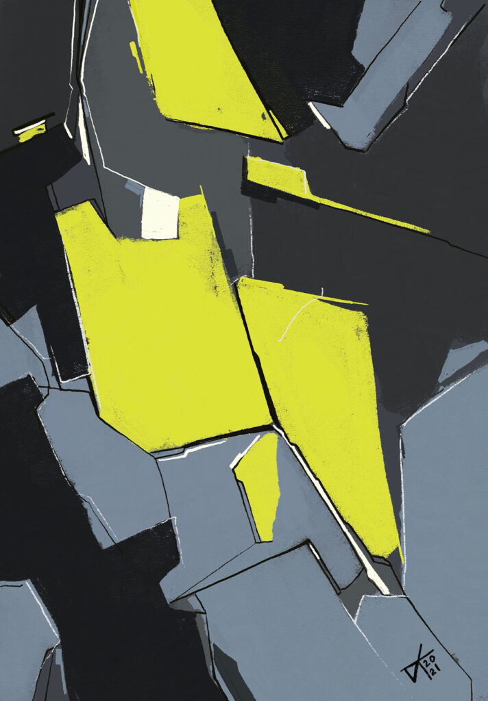 fractured yellow, grey and black abstract shapes by Joseph Kiely