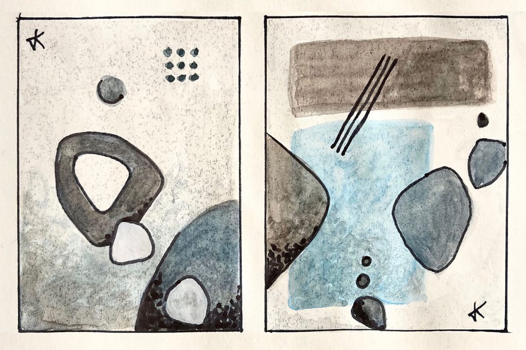 abstract amorphic shapes ink and watercolor sketches by Joseph Kiely