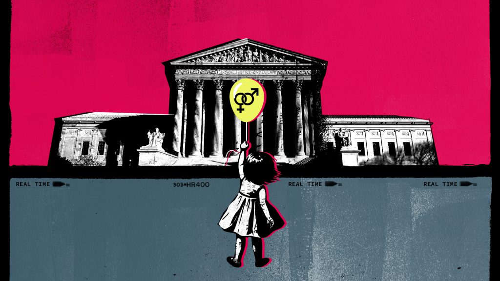 HBO Real Time show open 2023 girl standing in front of the Supreme Court with a balloon with the male and female symbols