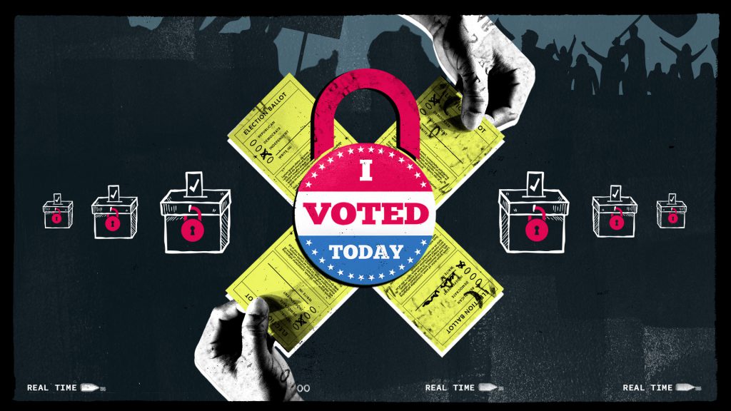 HBO Real Time show open 2023 a locked I voted sticker with hands voting
