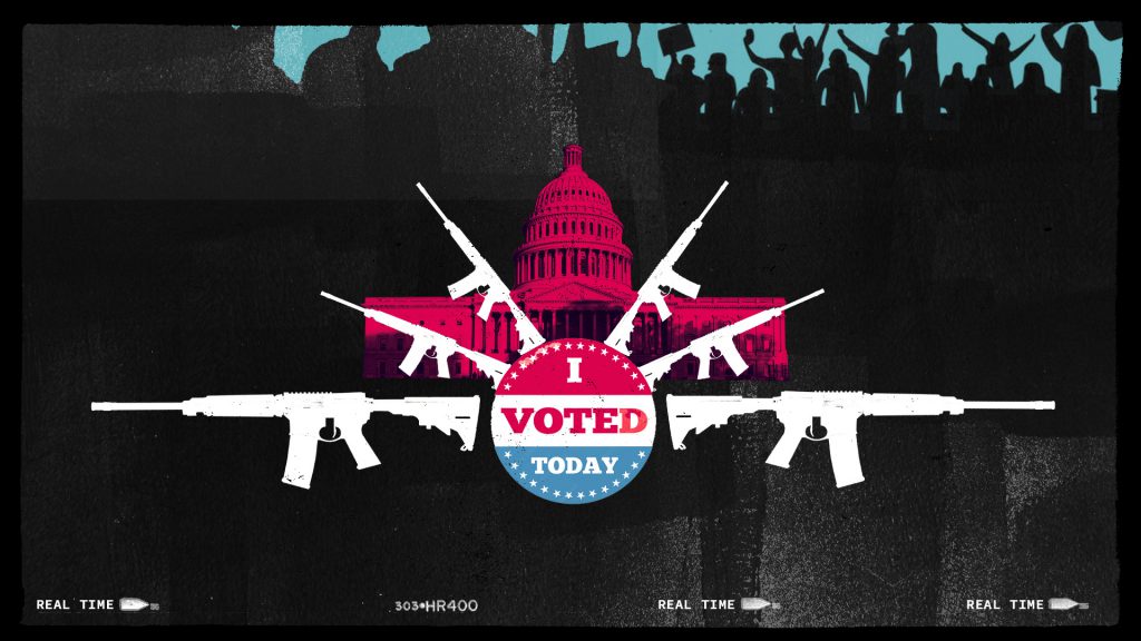 HBO Real Time show open 2023 I voted button with guns and the capital building