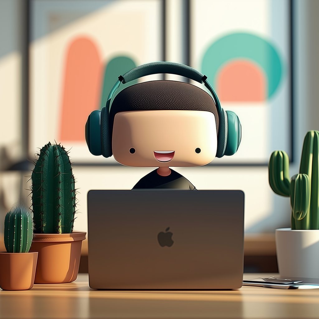 Kiely D the alter-ego of Joseph Kiely and Kiely Design, 3d character wearing headphones working on a apple 16" mac book