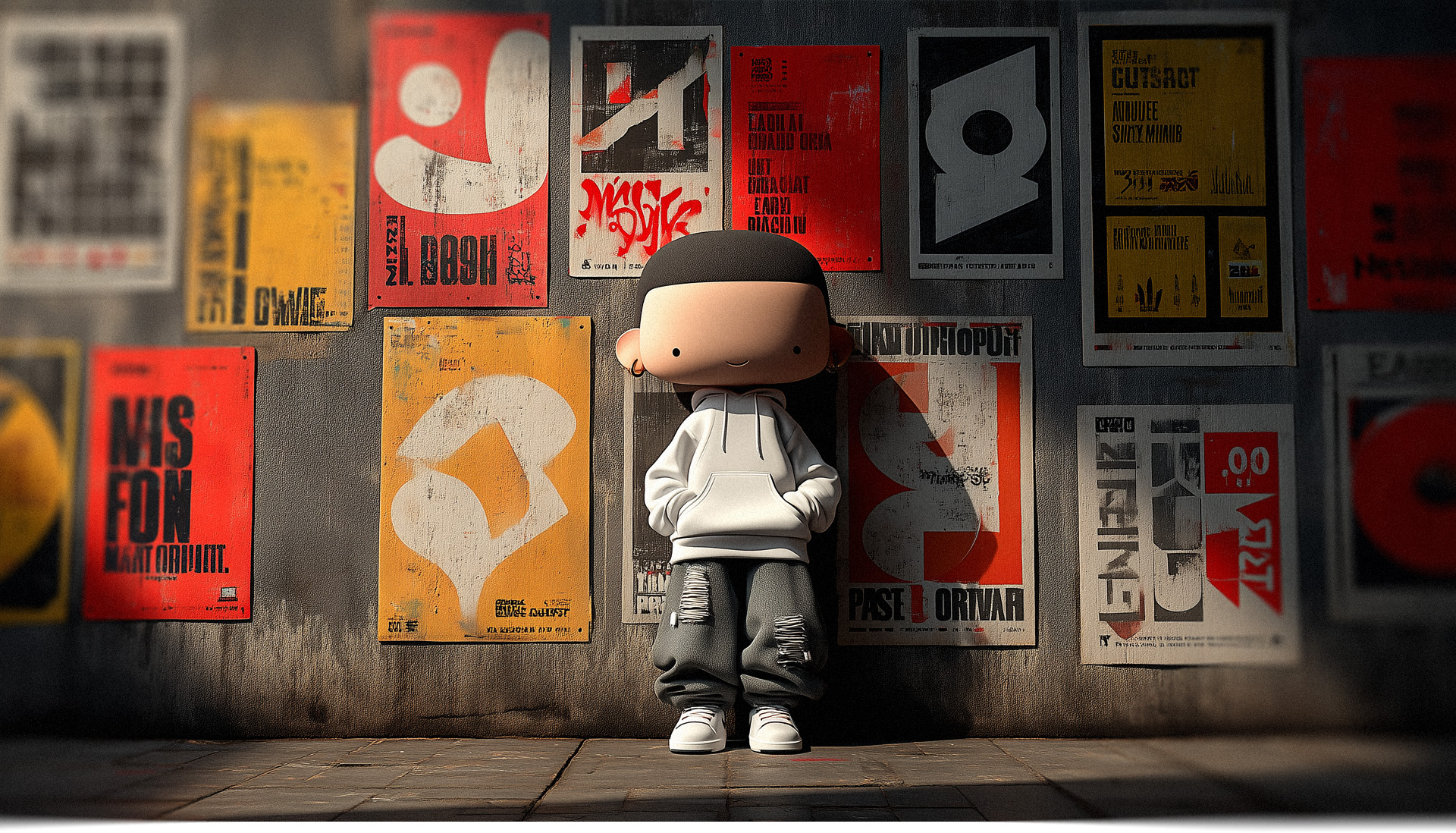 Kiely D the alter-ego of Kiely Design, 3d character, leaning against a wall filled with graphic design posters.