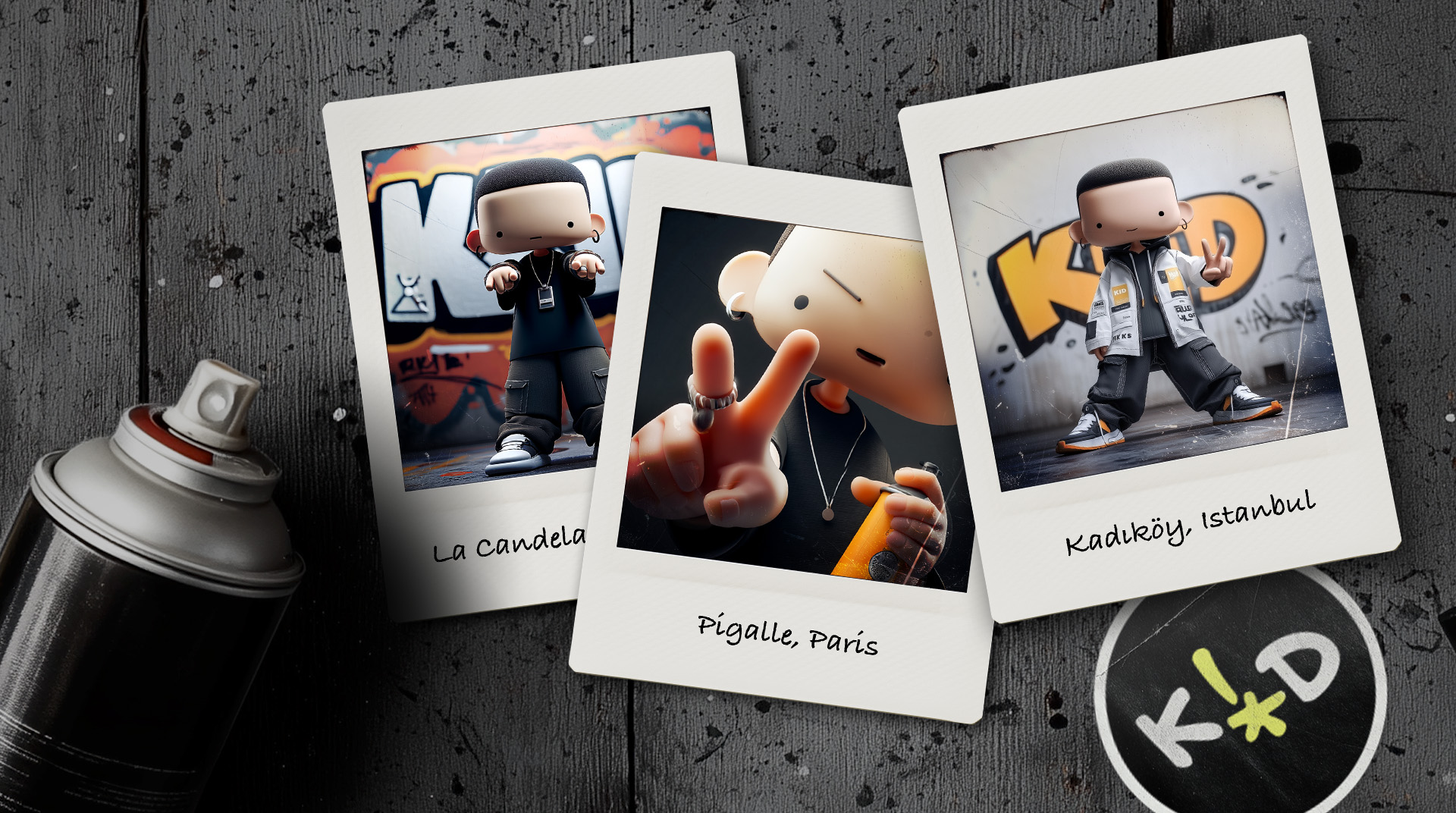 Kiely D the alter-ego of Kiely Design, polaroid photos featuring a 3d character with graffiti