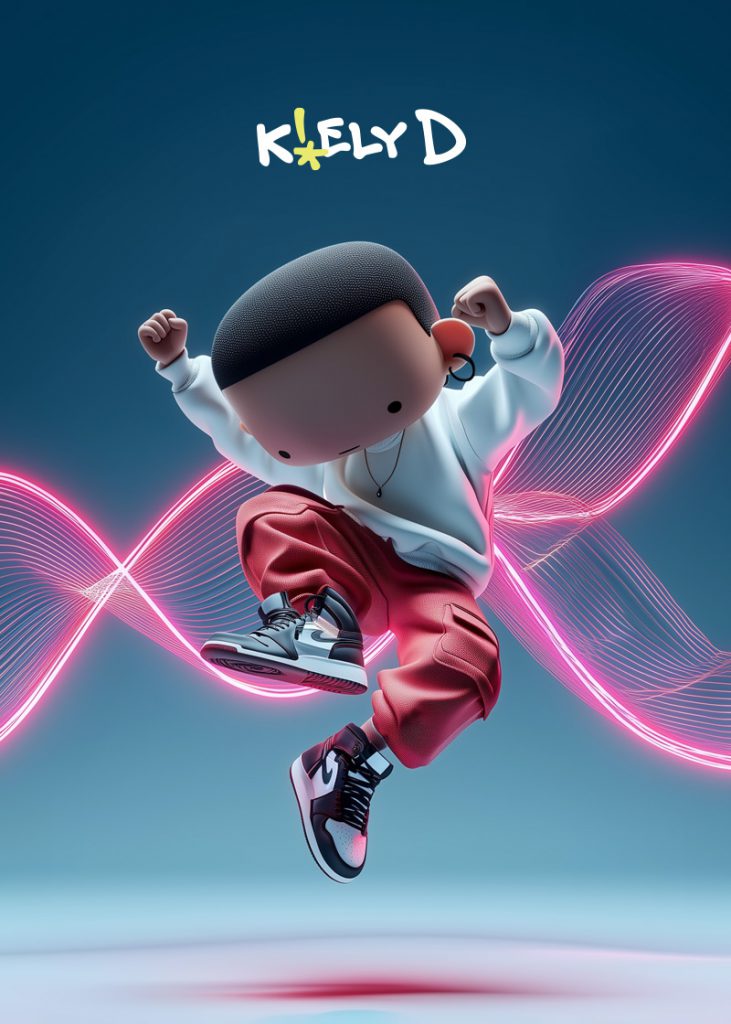 Kiely D the alter-ego of Kiely Design 3d character design, spinning in space wearing nike air jordans