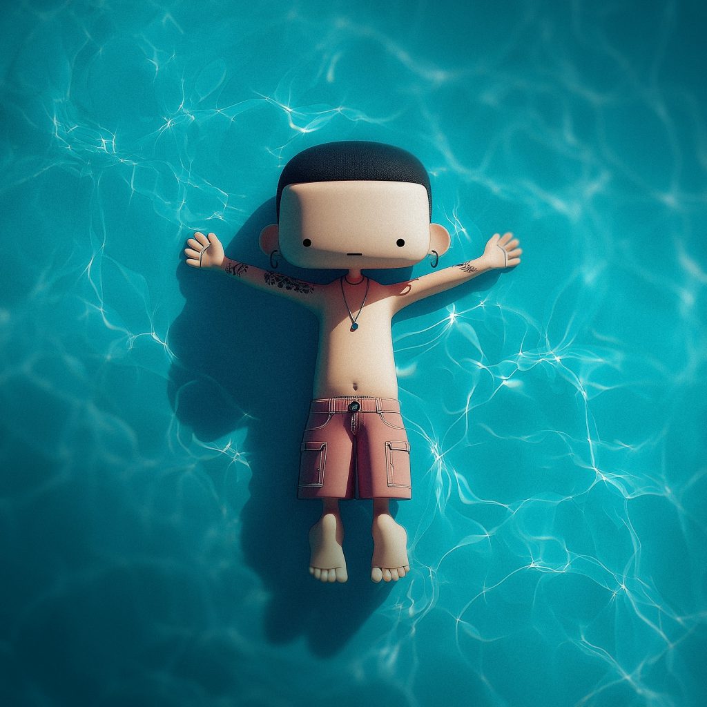 Kiely D the alter-ego of Joseph Kiely and Kiely Design, 3d character floating in a pool