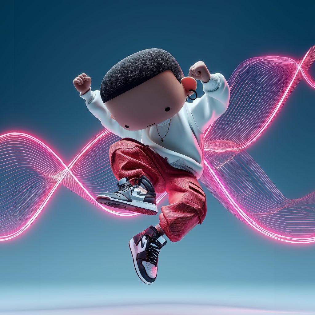 Kiely D the alter-ego of Joseph Kiely and Kiely Design, 3d character spinning in space wearing nike air jordans
