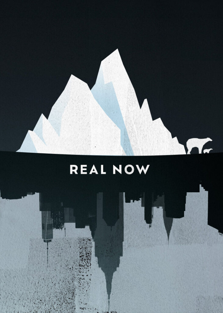 Climate change illustration with an iceberg melting into New York City