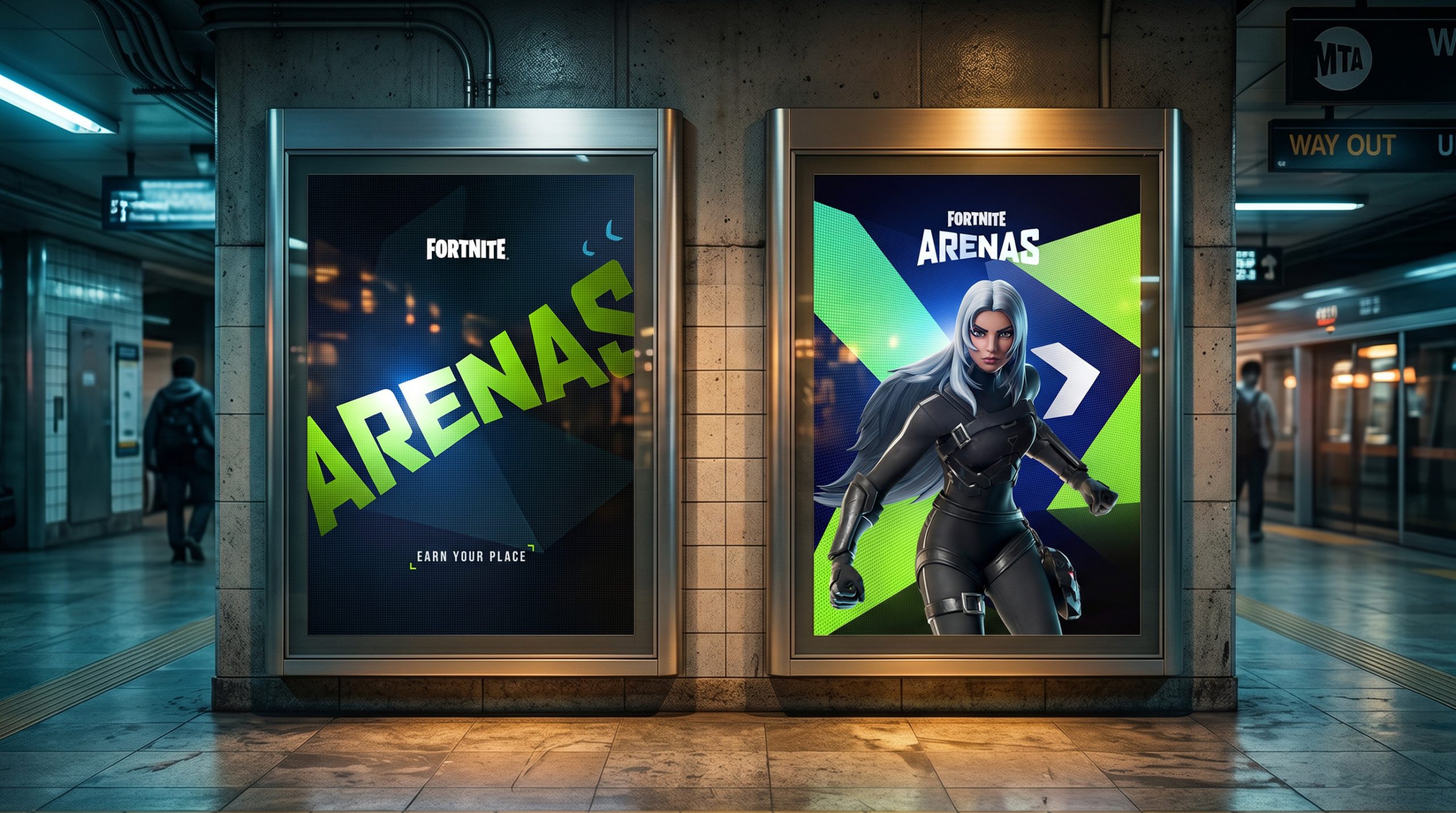 Epic Games Arenas Toolkit Design posters in subway hallway