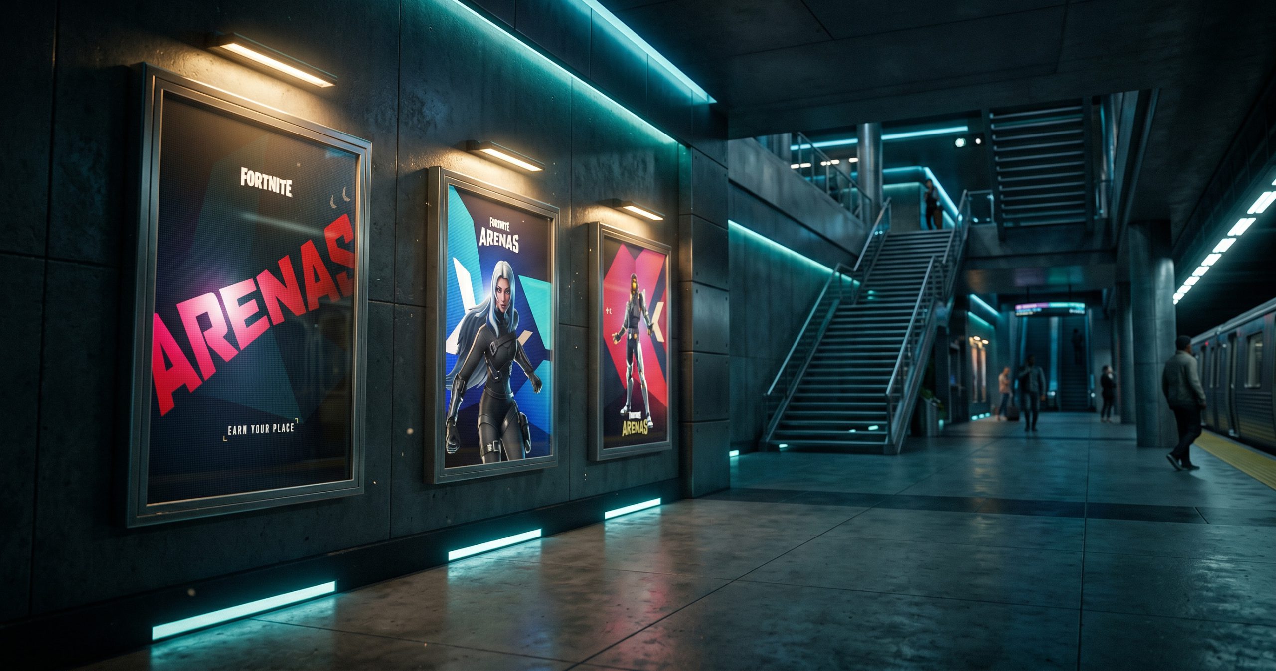 Epic Games Arenas Toolkit Design posters in subway hallway