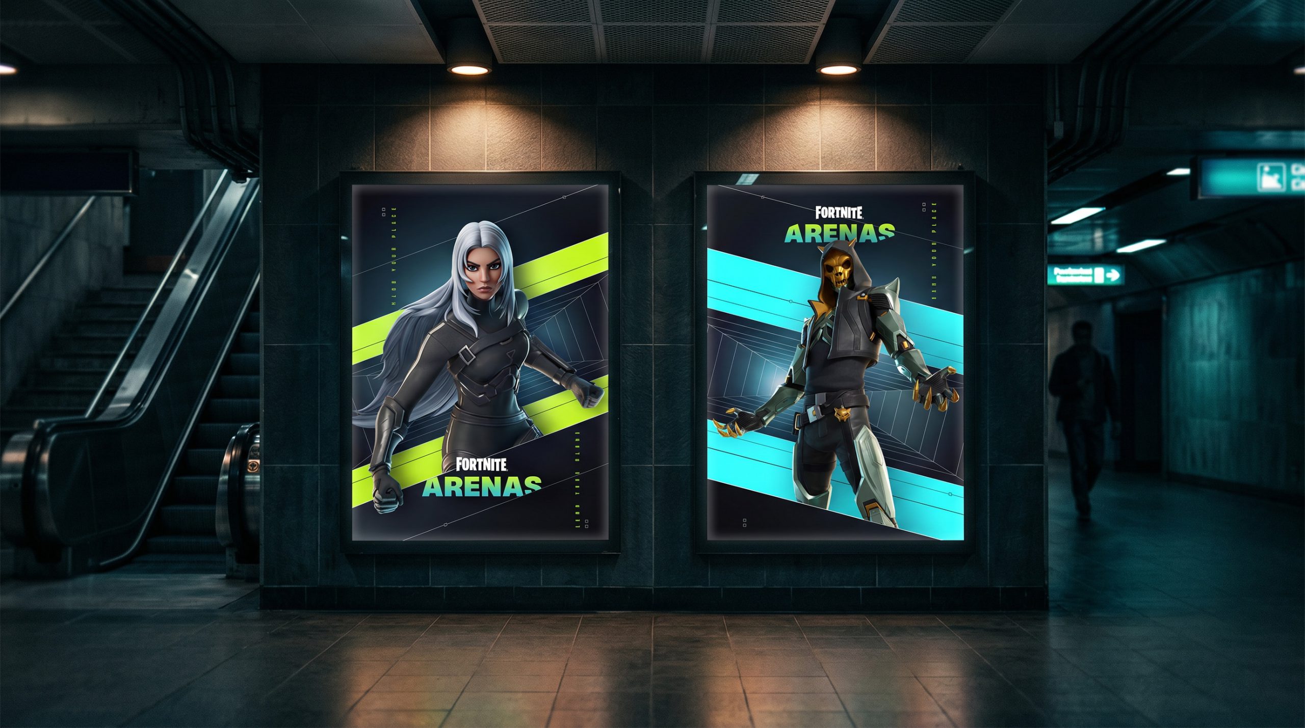 Epic Games Arenas Toolkit Design posters in subway hallway