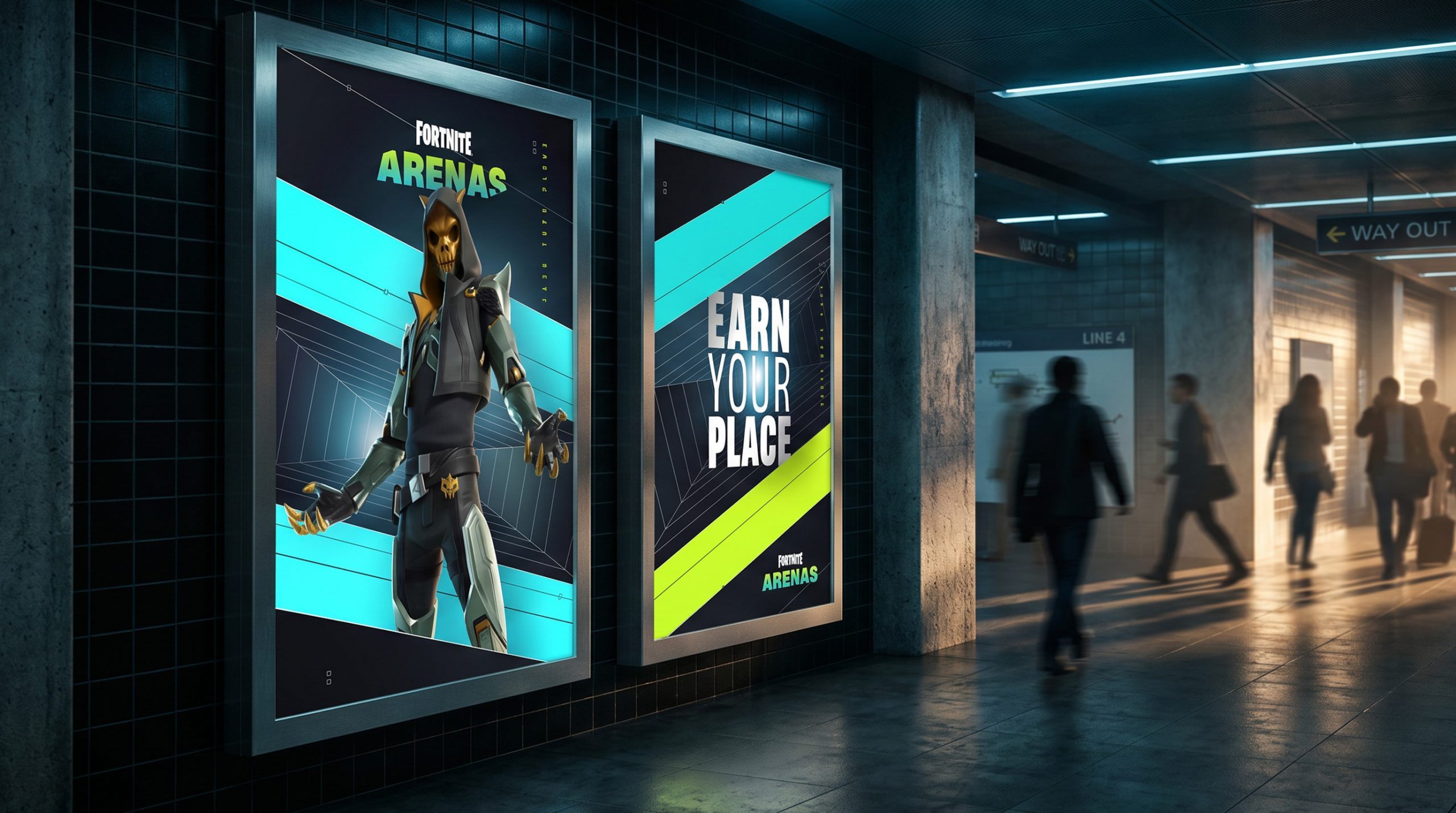 Epic Games Arenas Toolkit Design posters in subway hallway